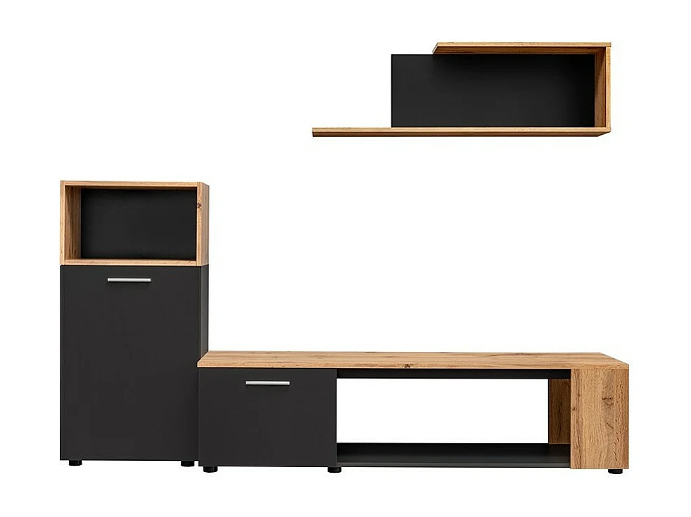 Conjunto de 3 móveis design para a sua sala de estar, coleção MOZES. Cores preto e carvalho.