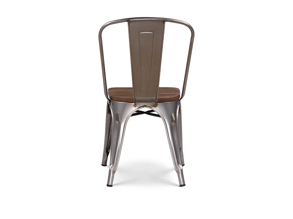 Chaise en métal brut avec assise en bois massif foncé - Aspect galvanisé