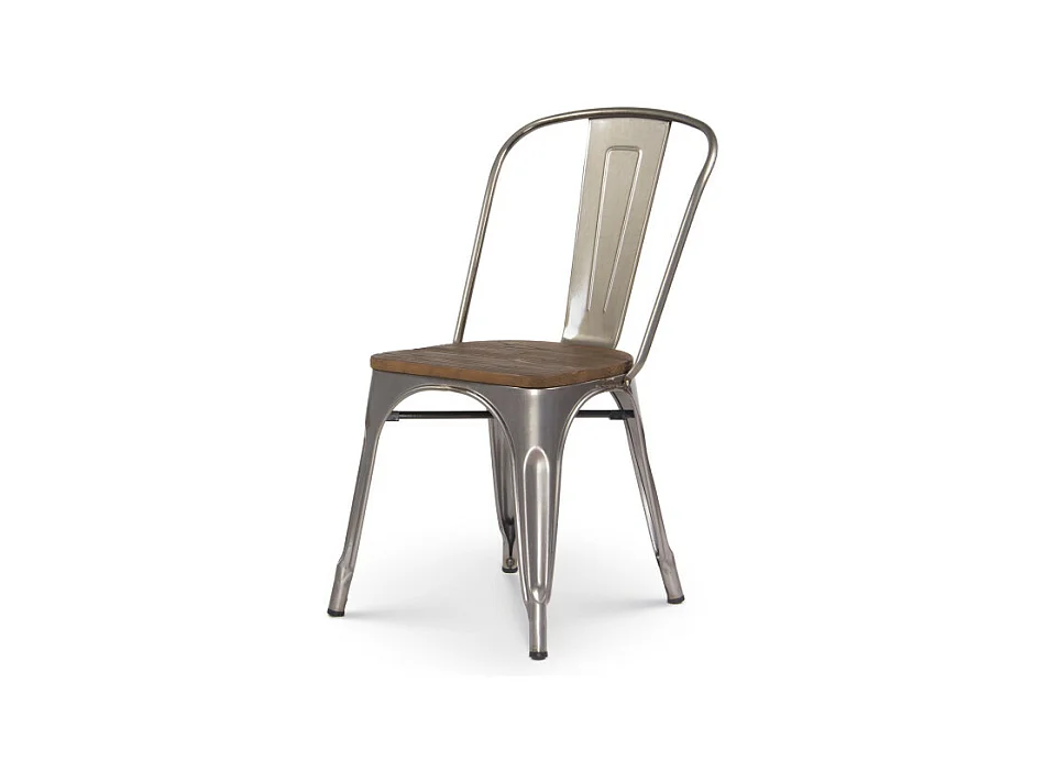 Chaise en métal brut avec assise en bois massif foncé - Aspect galvanisé