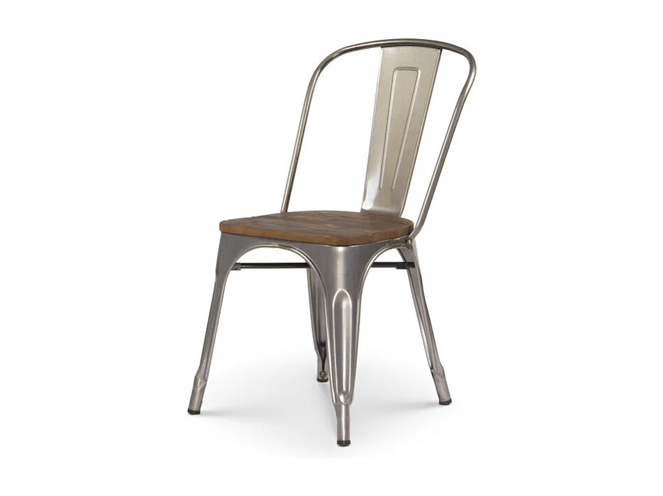 Chaise en métal brut avec assise en bois massif foncé - Aspect galvanisé