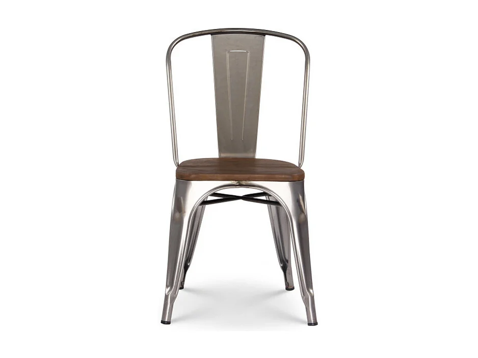 Chaise en métal brut avec assise en bois massif foncé - Aspect galvanisé