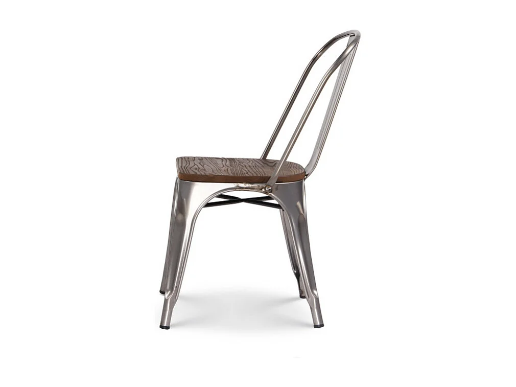 Chaise en métal brut avec assise en bois massif foncé - Aspect galvanisé