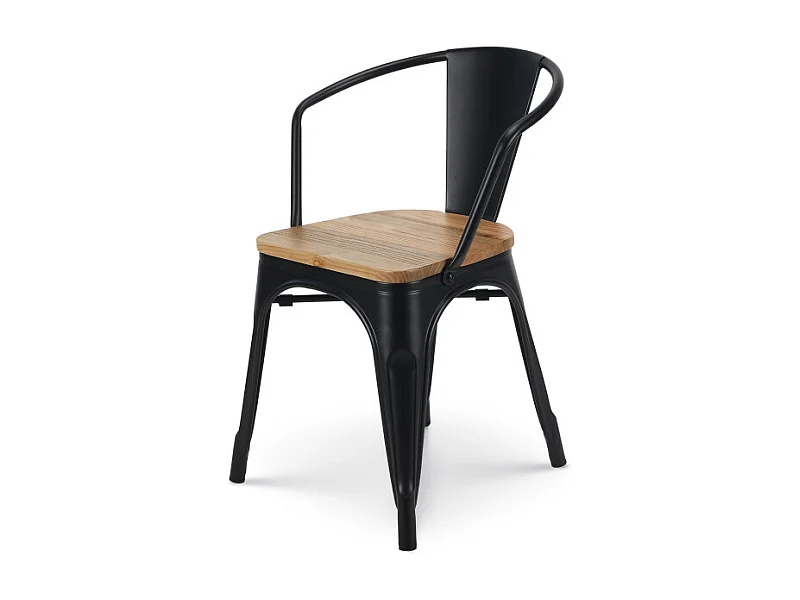Chaise en métal noir mat style industriel avec assise en bois clair - Avec accoudoirs