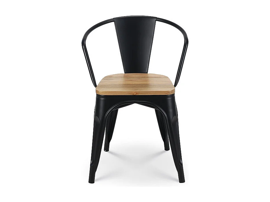 Chaise en métal noir mat style industriel avec assise en bois clair - Avec accoudoirs