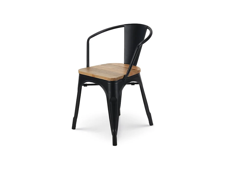 Chaise en métal noir mat style industriel avec assise en bois clair - Avec accoudoirs