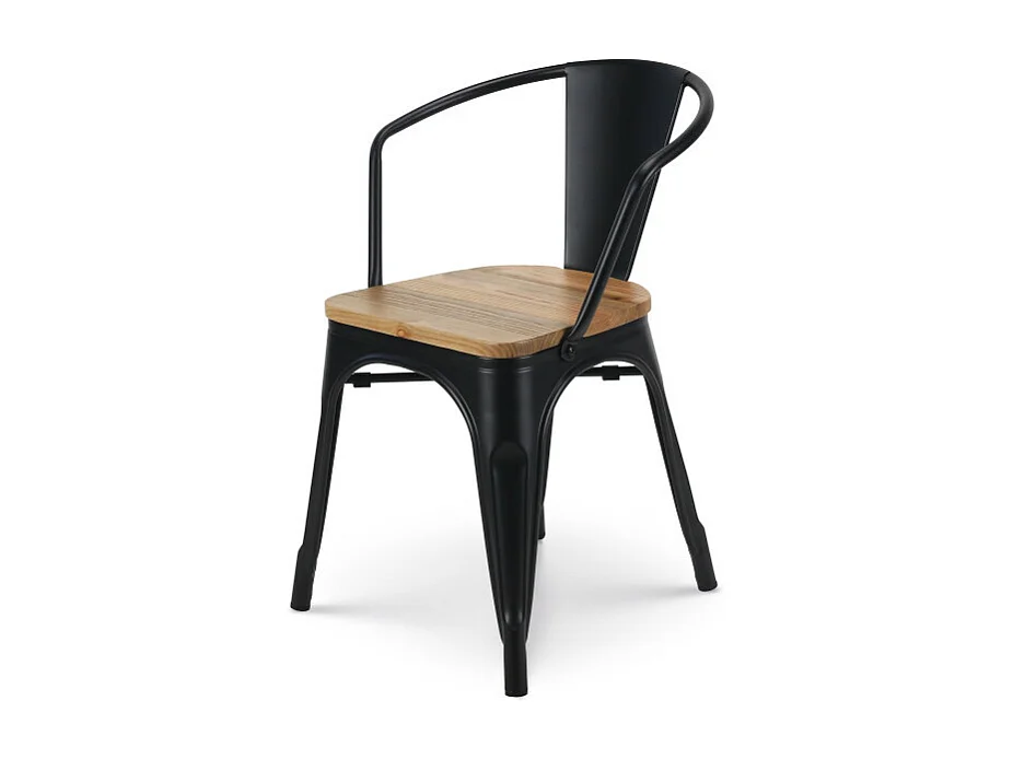 Chaise en métal noir mat style industriel avec assise en bois clair - Avec accoudoirs