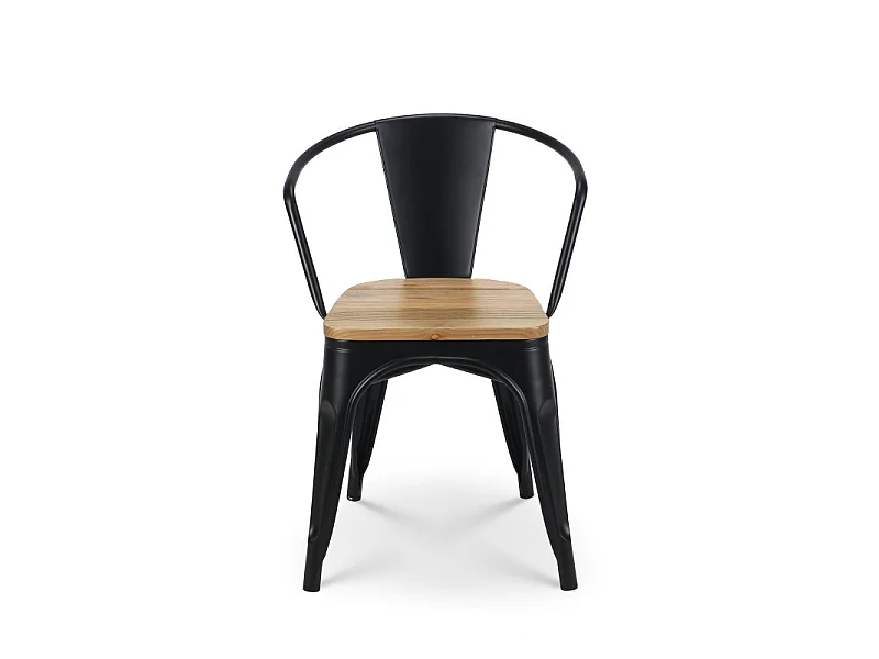 Chaise en métal noir mat style industriel avec assise en bois clair - Avec accoudoirs