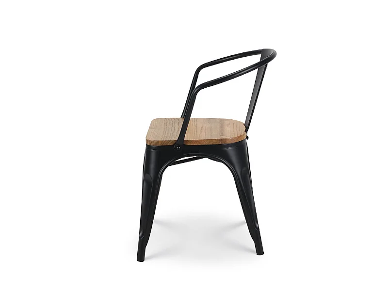 Chaise en métal noir mat style industriel avec assise en bois clair - Avec accoudoirs
