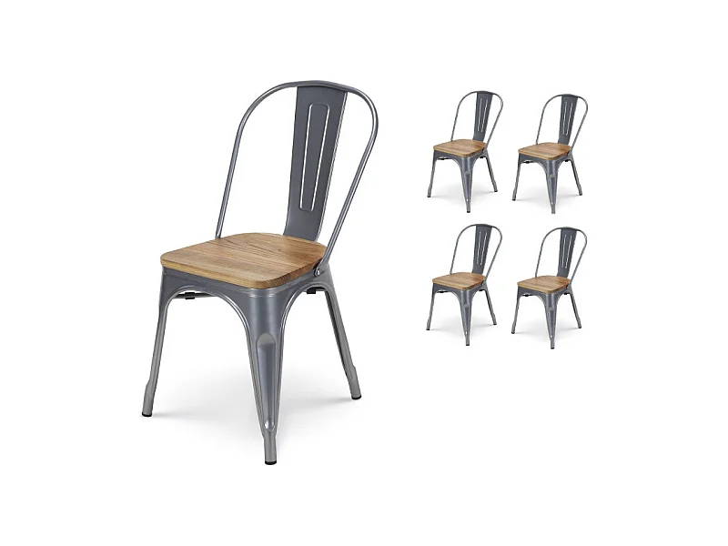 Lot de 4 chaises en métal gris argenté et assise en bois clair - Style industriel