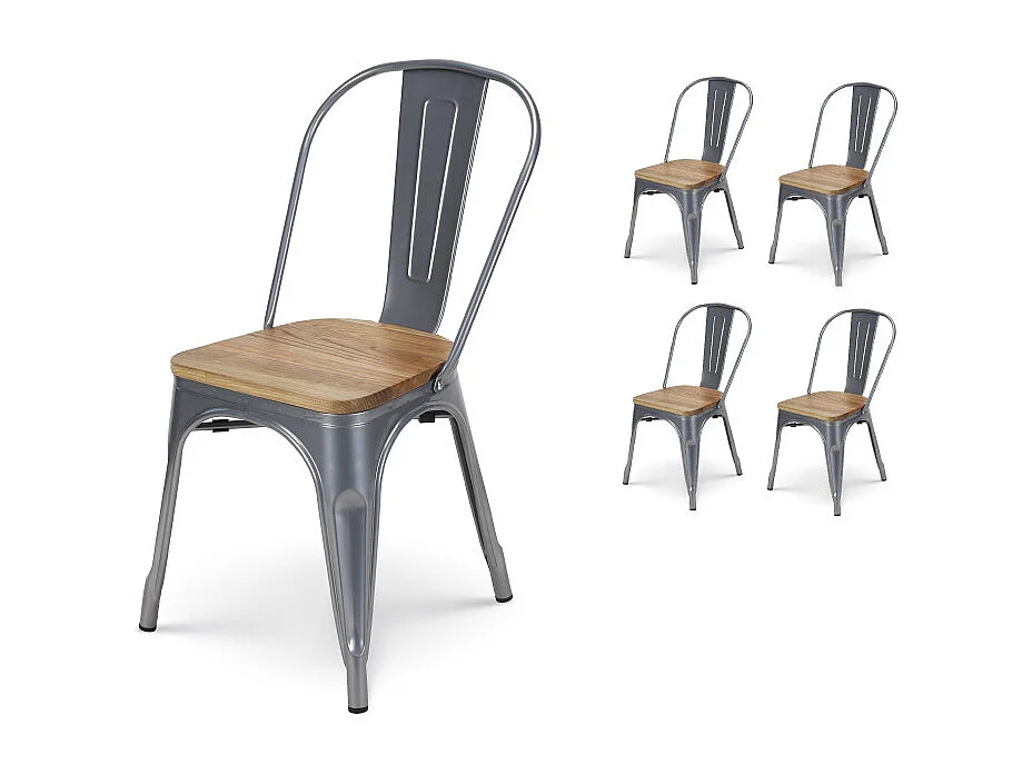 Lot de 4 chaises en métal gris argenté et assise en bois clair - Style industriel