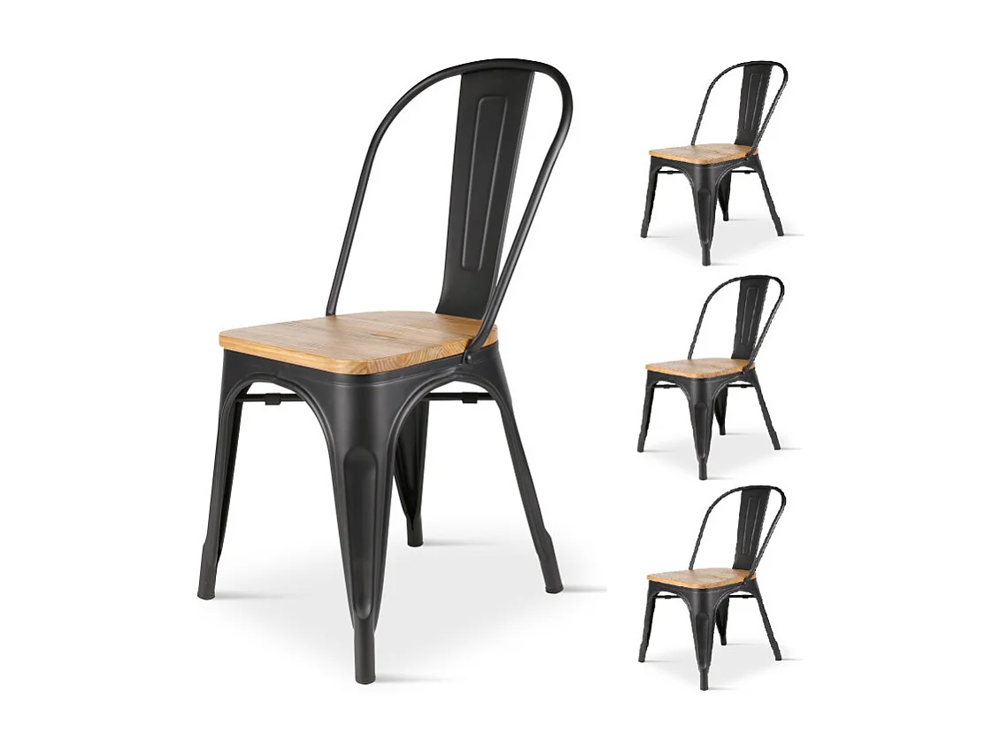 Kosmi - Lot de 4 chaises en métal Noir Mat et Assise en Bois Clair - Style Industriel