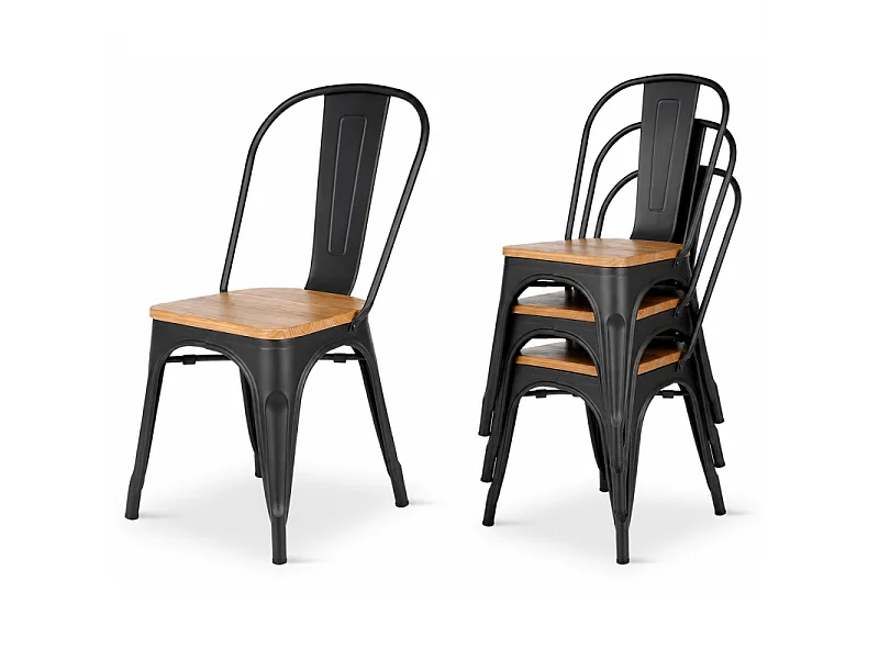 Kosmi - Lot de 4 chaises en métal Noir Mat et Assise en Bois Clair - Style Industriel