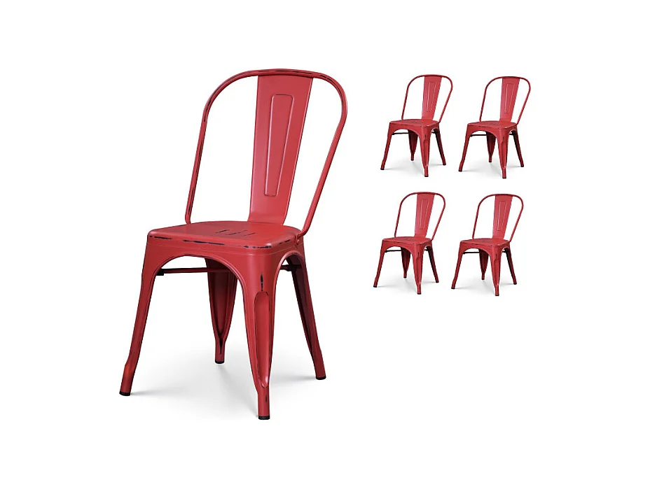 Lot de 4 chaises en métal rouge mat style industriel - Effet vieillit