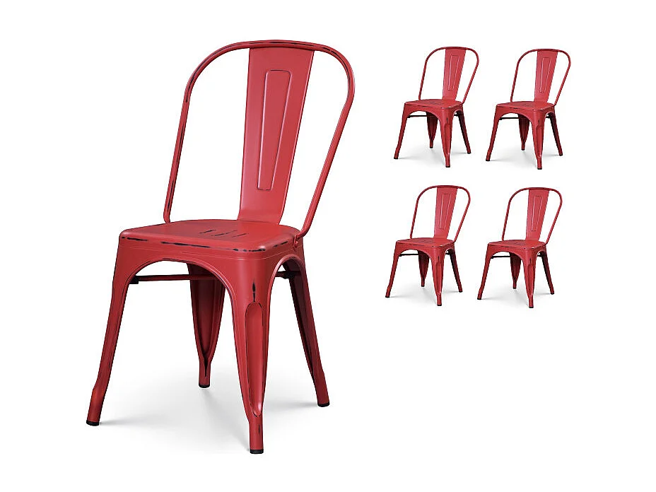 Lot de 4 chaises en métal rouge mat style industriel - Effet vieillit