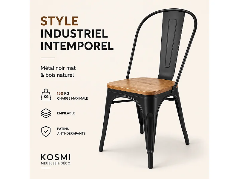 Chaise en métal noir mat avec assise en bois clair - Style industriel