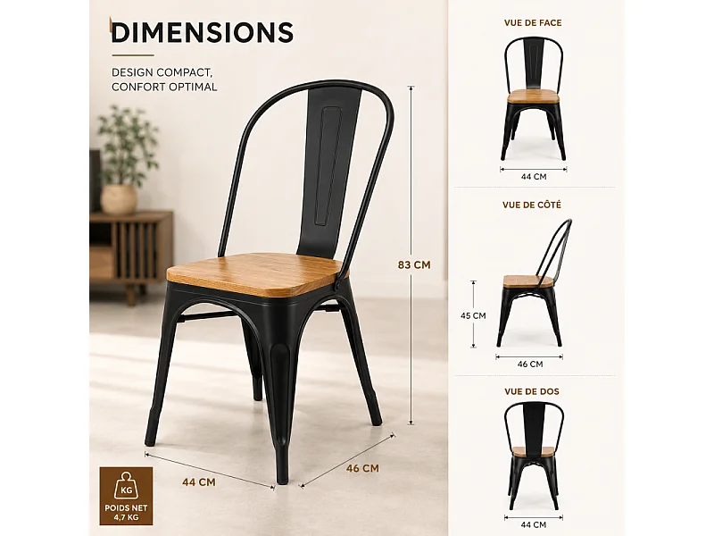 Chaise en métal noir mat avec assise en bois clair - Style industriel