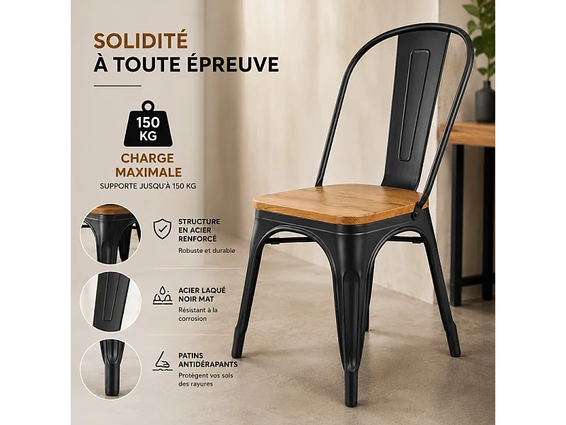 Chaise en métal noir mat avec assise en bois clair - Style industriel