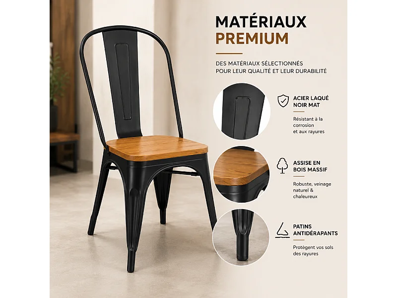 Chaise en métal noir mat avec assise en bois clair - Style industriel