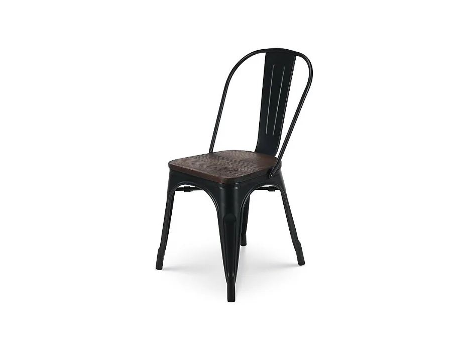 Chaise en métal noir mat avec assise en bois foncé - Style industriel