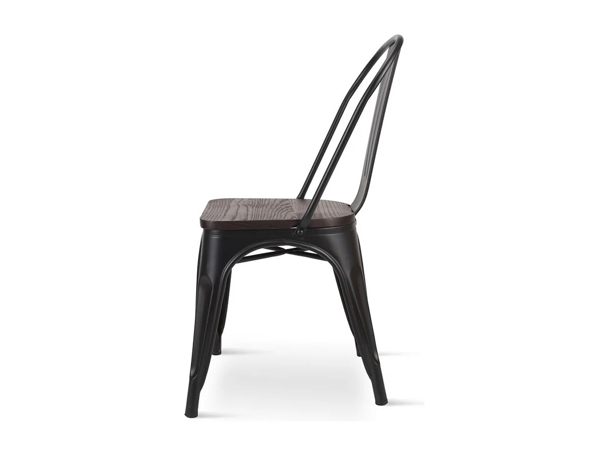 Chaise en métal noir mat avec assise en bois foncé - Style industriel