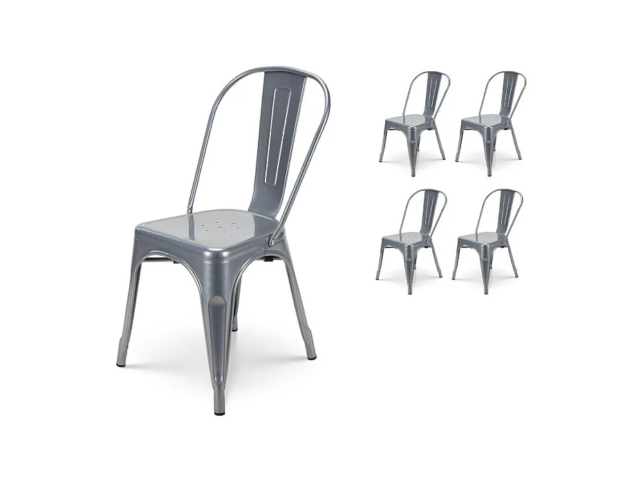 Lot de 4 chaises en métal gris brillant - Style industriel