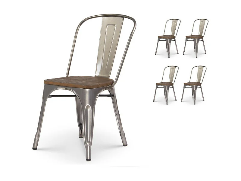 Lot de 4 chaises en métal brut aspect galvanisé et assise en bois foncé - Style industriel