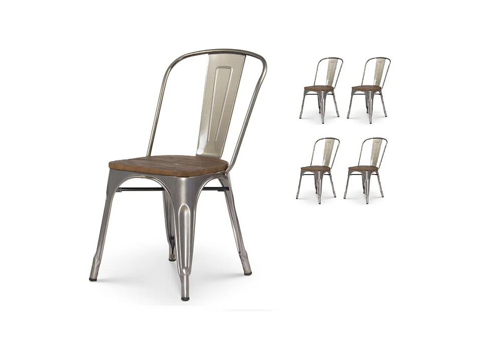 Lot de 4 chaises en métal brut aspect galvanisé et assise en bois foncé - Style industriel