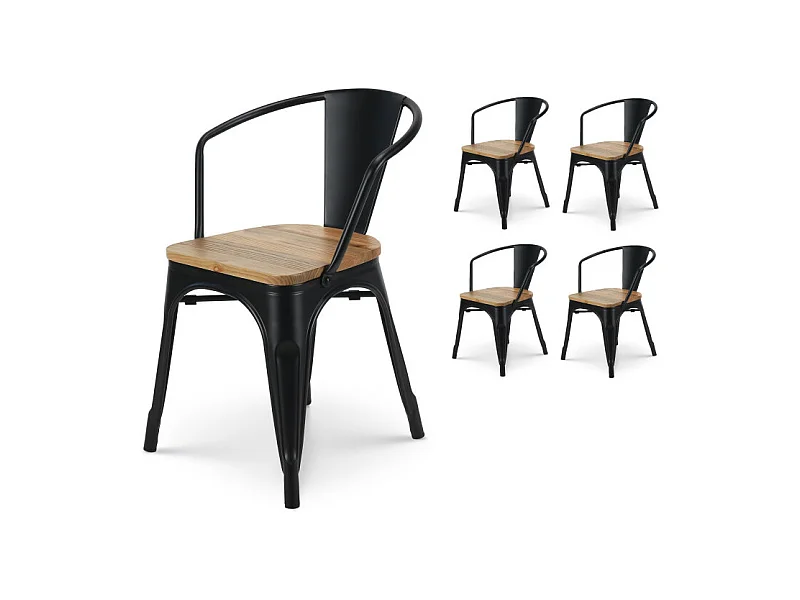 Lot de 4 chaises en métal noir mat style industriel avec assise en bois clair - Avec accoudoirs