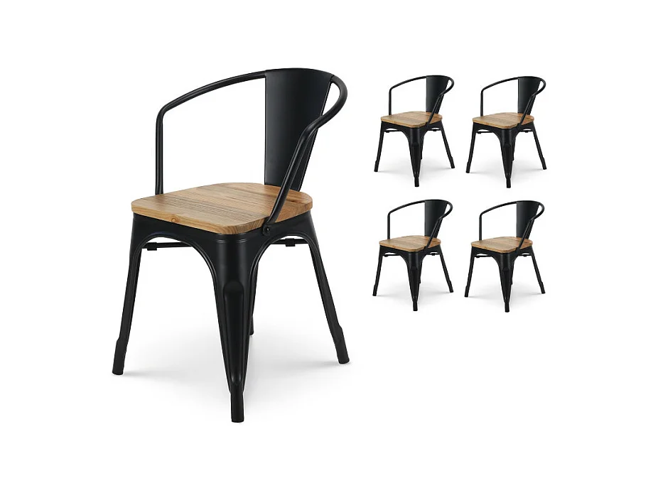 Lot de 4 chaises en métal noir mat style industriel avec assise en bois clair - Avec accoudoirs