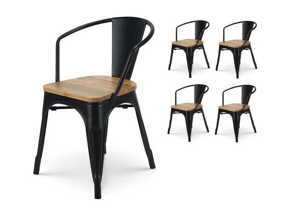 Lot de 4 chaises en métal noir mat style industriel avec assise en bois clair - Avec accoudoirs