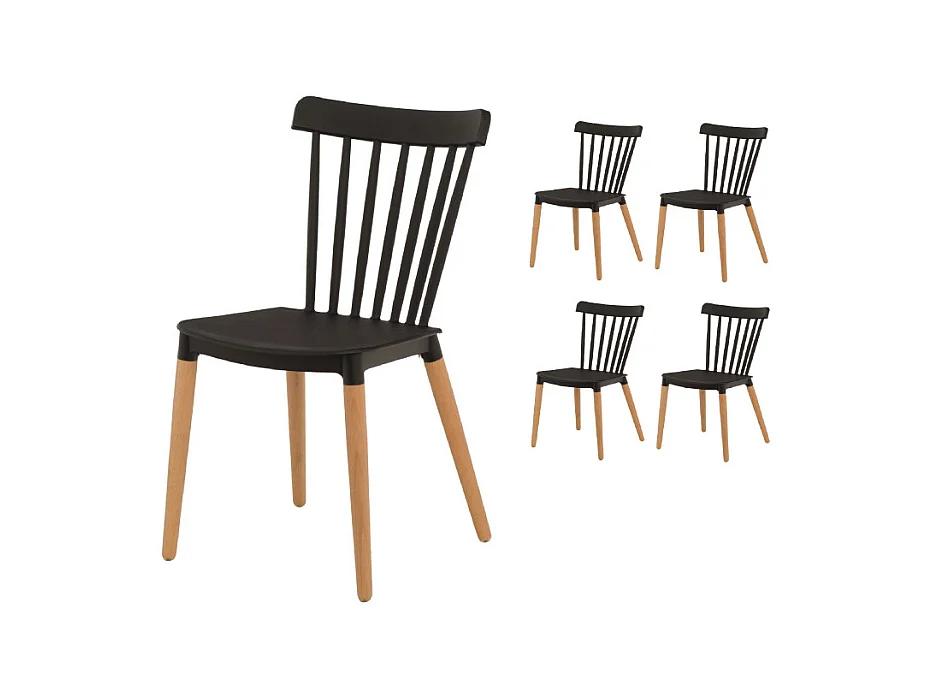 Lot de 4 chaises style scandinave à barreaux modèle POP - Coque en résine noire et pieds en bois