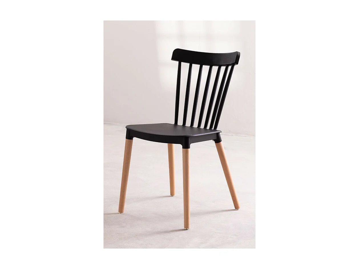 Lot de 4 chaises style scandinave à barreaux modèle POP - Coque en résine noire et pieds en bois