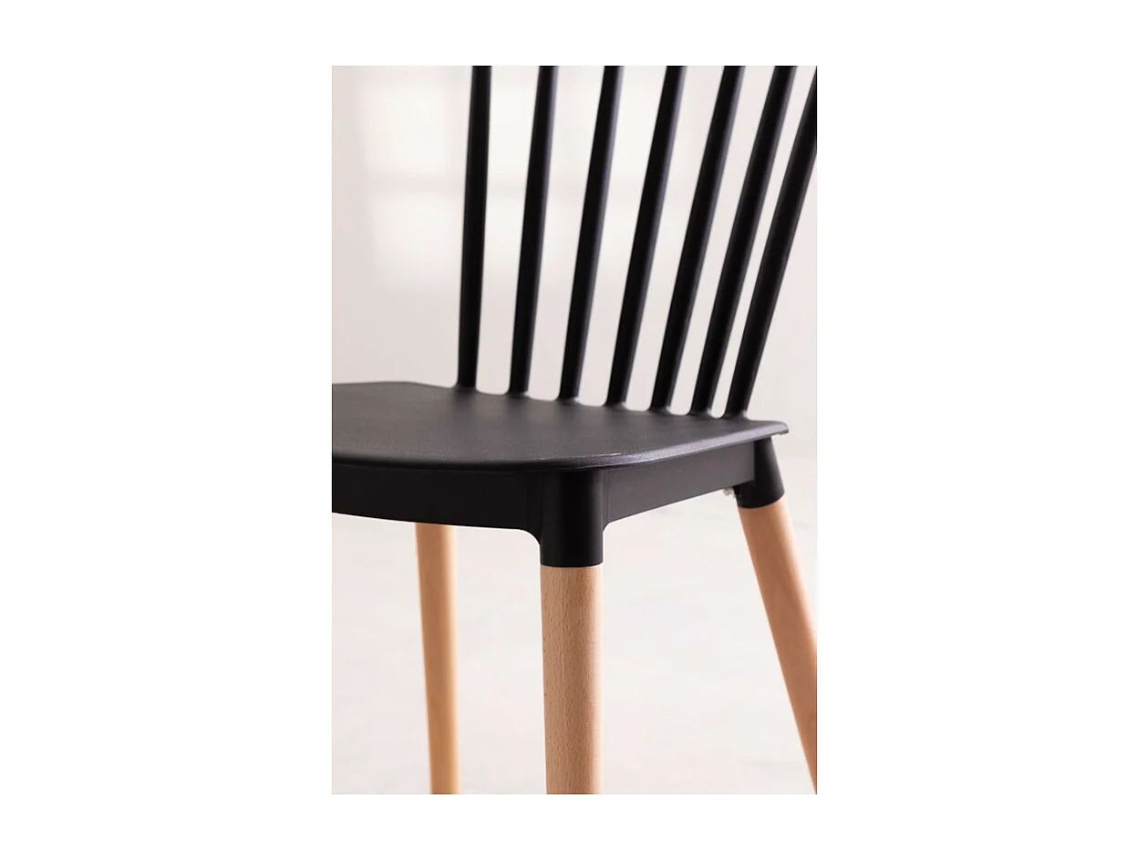 Lot de 4 chaises style scandinave à barreaux modèle POP - Coque en résine noire et pieds en bois