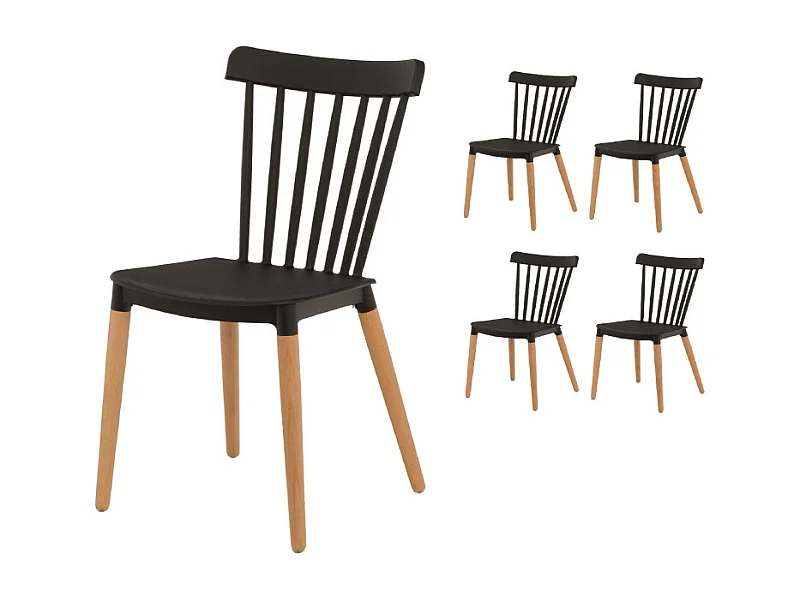 Lot de 4 chaises style scandinave à barreaux modèle POP - Coque en résine noire et pieds en bois