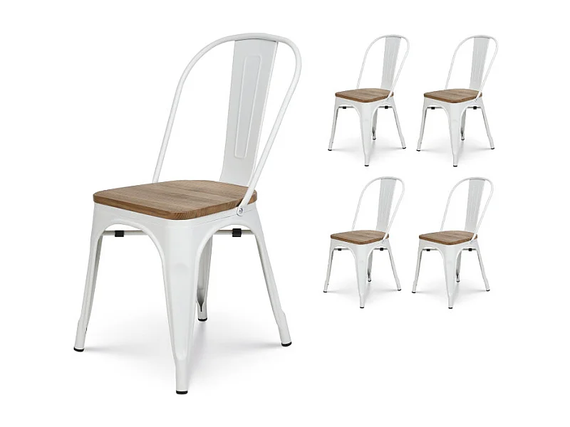 Lot de 4 chaises en métal blanc mat et assise en bois clair - Style industriel