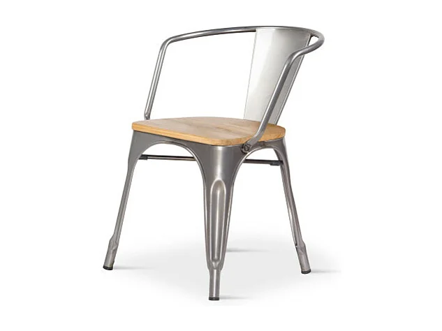 Lot de 4 chaises en métal brut style industriel avec assise en bois clair - Avec accoudoirs