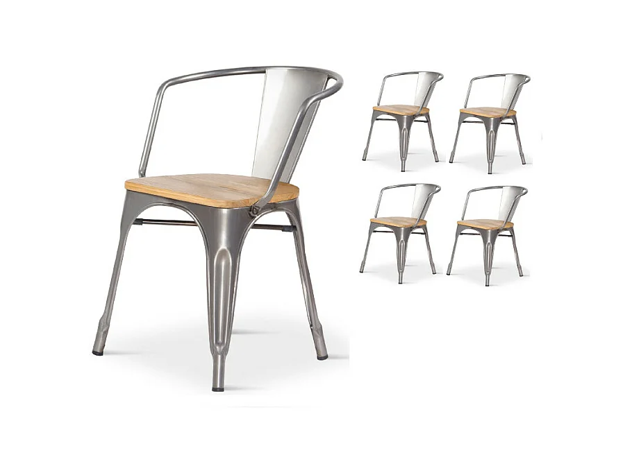 Lot de 4 chaises en métal brut style industriel avec assise en bois clair - Avec accoudoirs