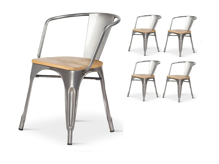 Lot de 4 chaises en métal brut style industriel avec assise en bois clair - Avec accoudoirs