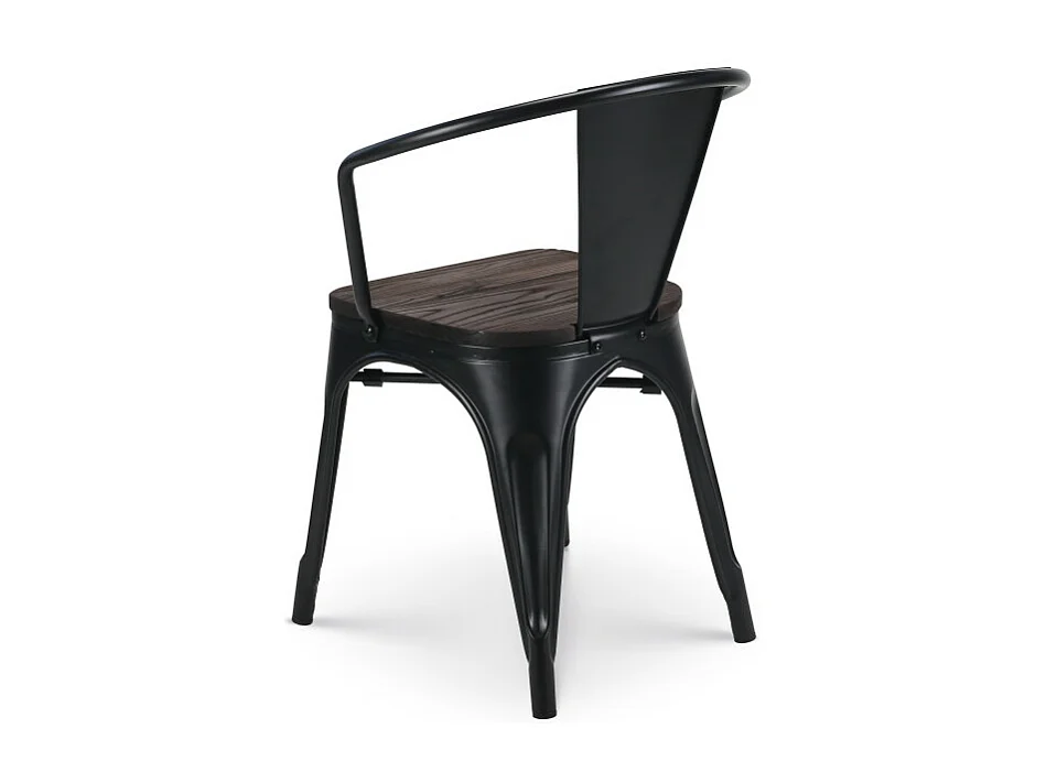 Chaise en métal noir mat style industriel avec assise en bois foncé - Avec accoudoirs
