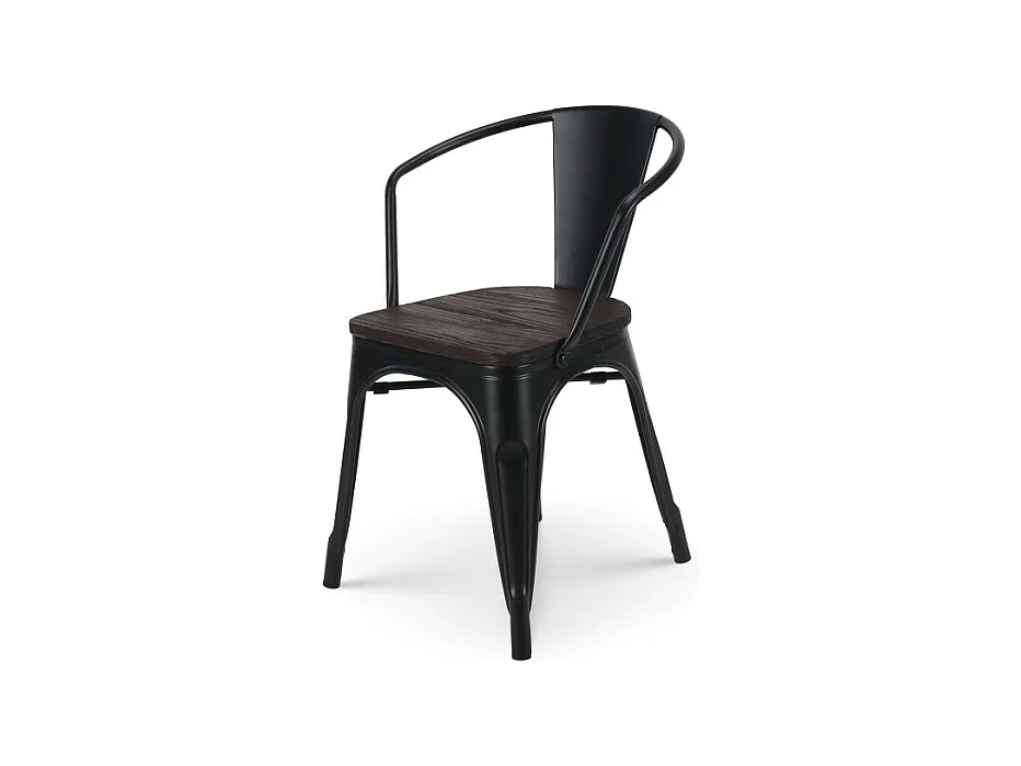 Chaise en métal noir mat style industriel avec assise en bois foncé - Avec accoudoirs