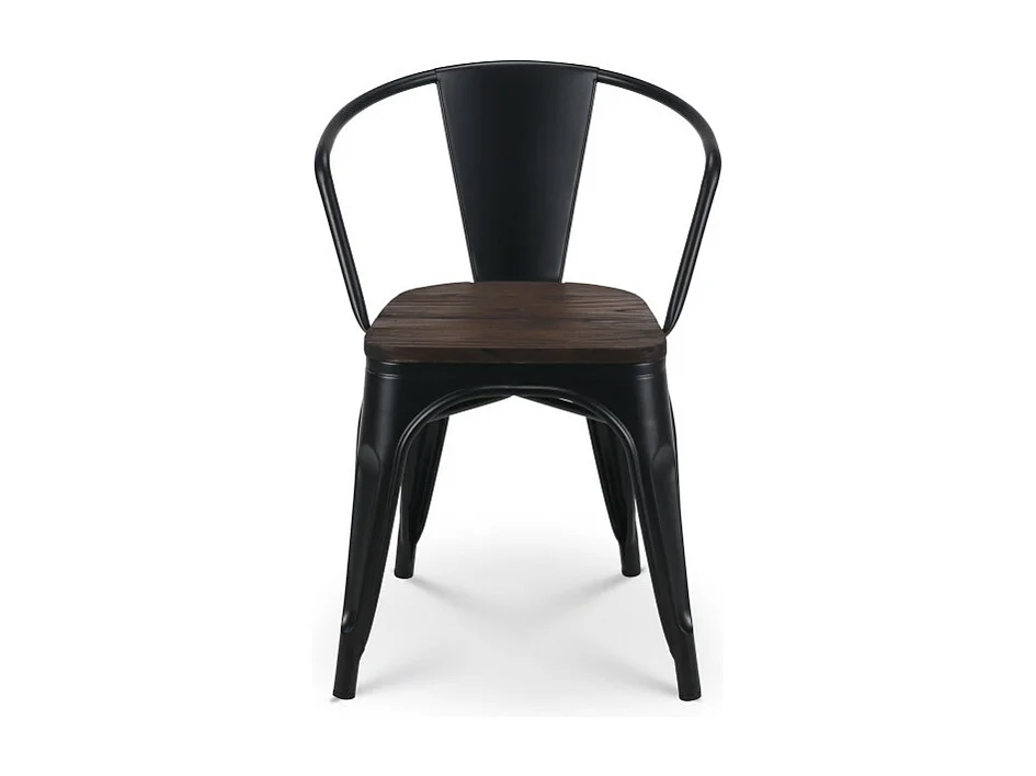 Chaise en métal noir mat style industriel avec assise en bois foncé - Avec accoudoirs