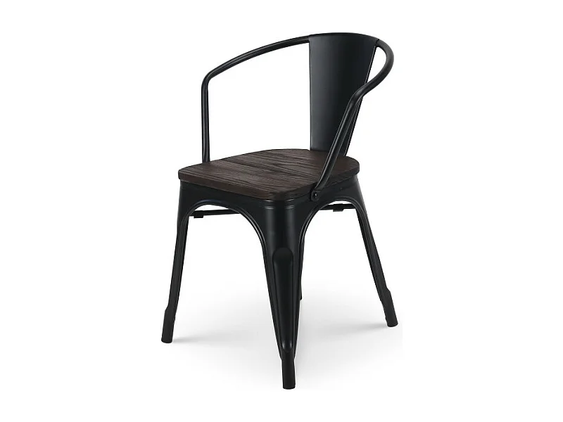 Chaise en métal noir mat style industriel avec assise en bois foncé - Avec accoudoirs