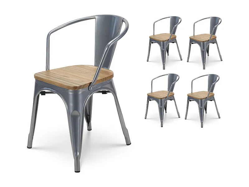 Lot de 4 chaises en métal gris argenté style industriel avec assise en bois clair - Avec accoudoirs