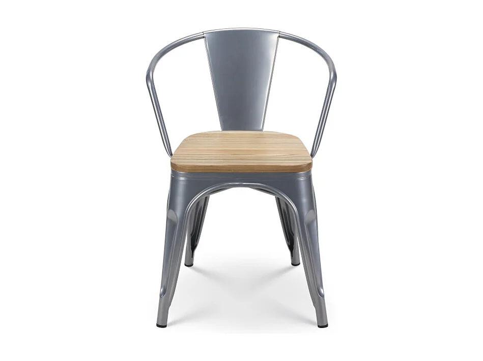 Lot de 4 chaises en métal gris argenté style industriel avec assise en bois clair - Avec accoudoirs