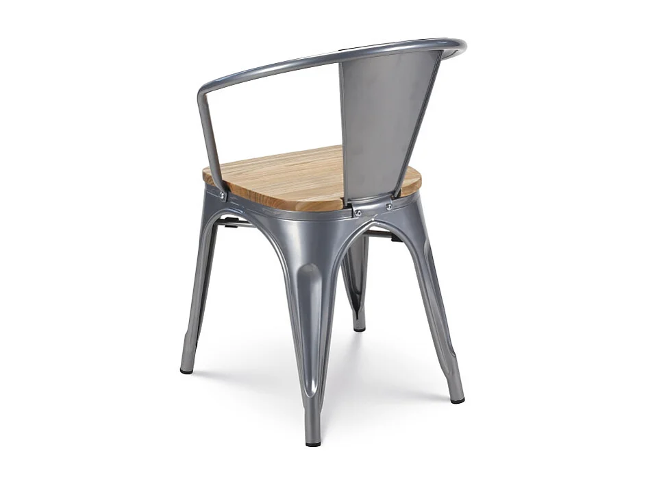 Lot de 4 chaises en métal gris argenté style industriel avec assise en bois clair - Avec accoudoirs