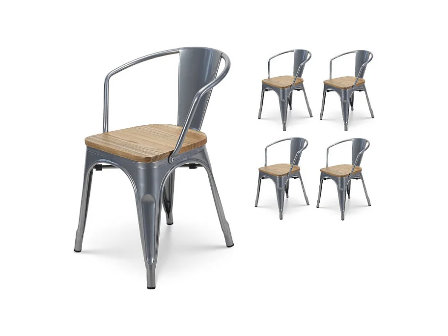 Lot de 4 chaises en métal gris argenté style industriel avec assise en bois clair - Avec accoudoirs