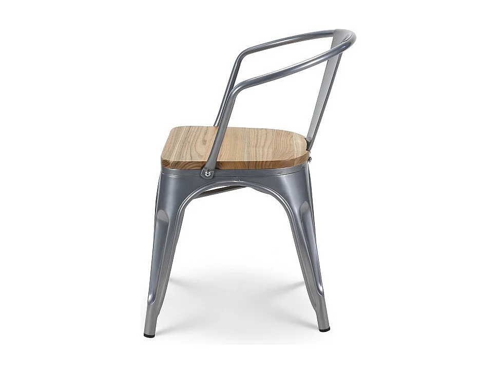 Lot de 4 chaises en métal gris argenté style industriel avec assise en bois clair - Avec accoudoirs