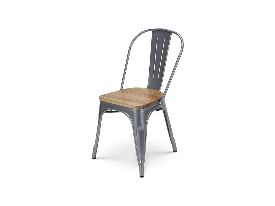 Chaise en métal gris silver avec assise en bois massif clair - Style industriel