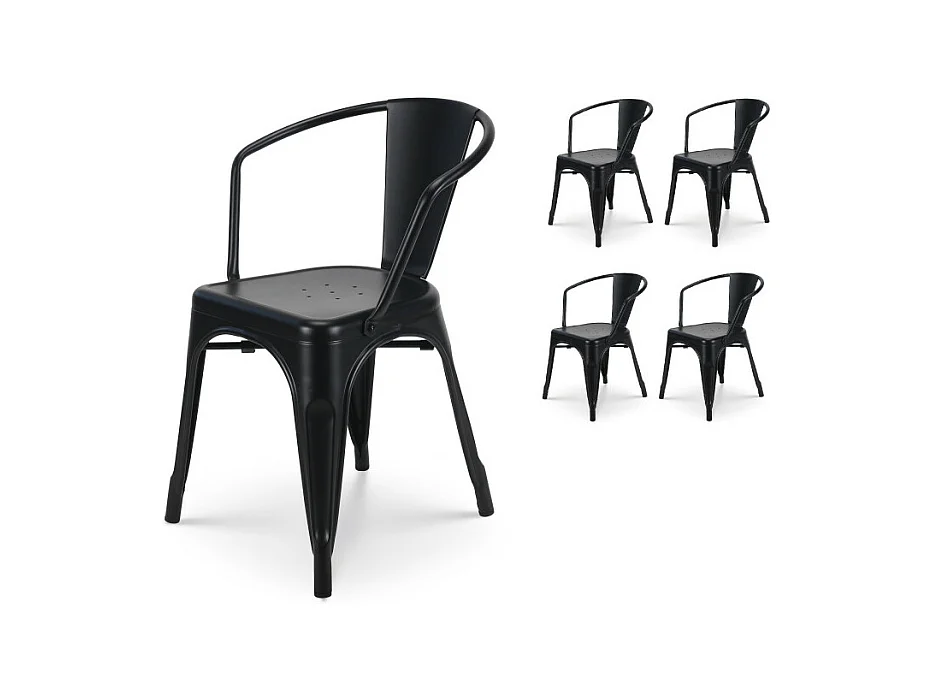 Lot de 4 chaises en métal noir mat style industriel  - Avec accoudoirs