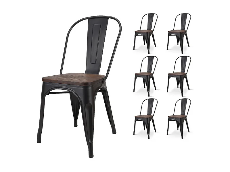 Lot de 6 chaises en métal noir mat et assise en bois foncé - Style industriel